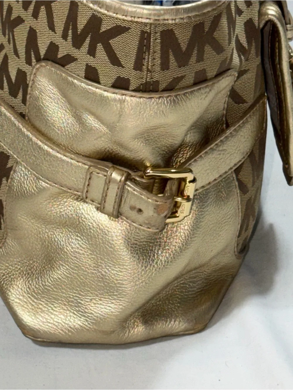 Michael Kors Gold Signature Jacquard Metallic Leather Satchel Bag